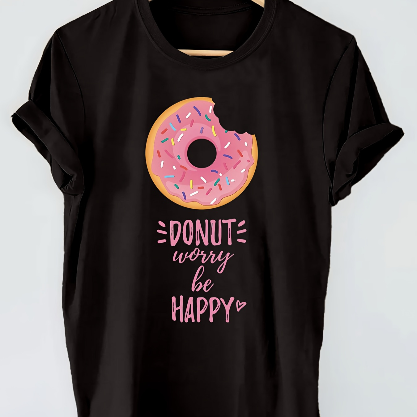 

Letter & Donuts Graphic Print T-shirt, Short Sleeve Crew Neck Casual Top For Summer & Spring, Women's Clothing