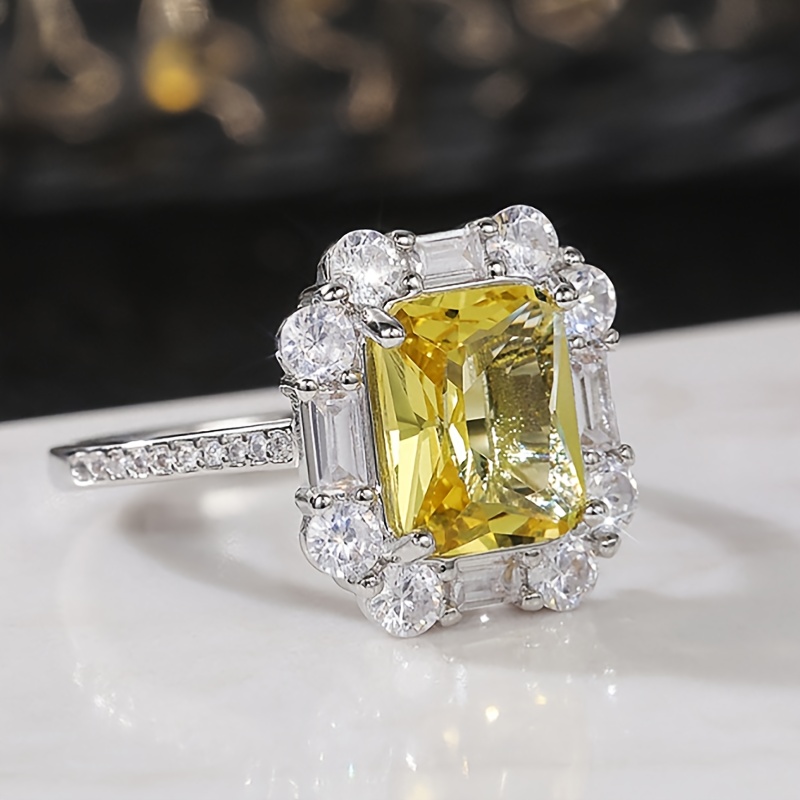 Princess Square Cut Citrine & Cubic Zirconia Silver Ring