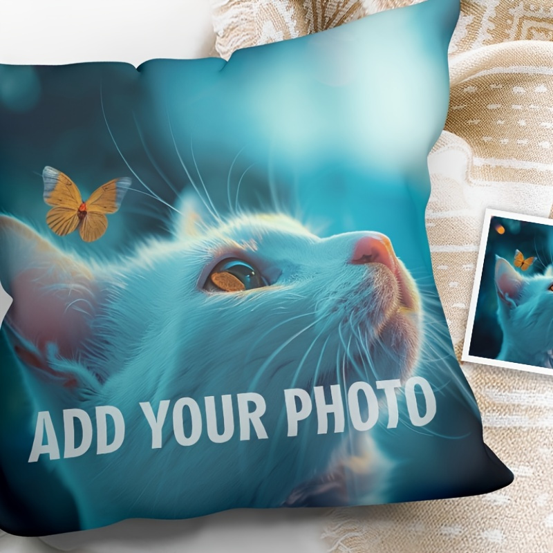 

Personalized Pet Photo Memorial Throw Pillowcase Sofa Cover With Double-sided Print, Without Pillow Core, For Home Decoration And Memorial Gifts. The Design Features A Cat In A Garden.