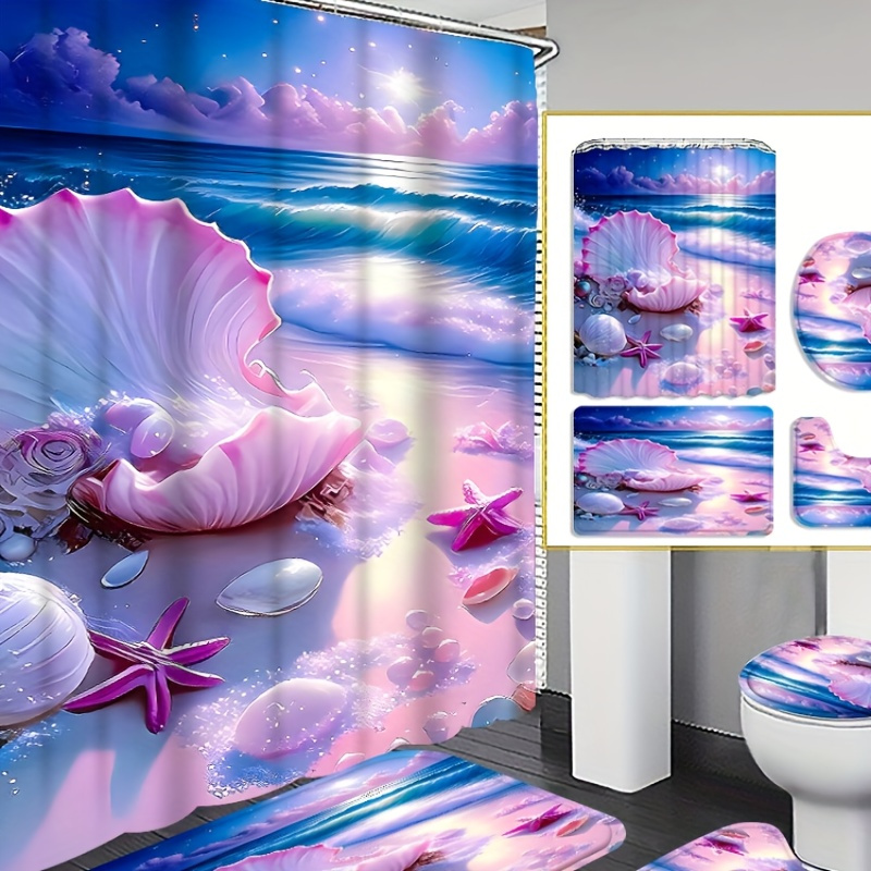 

4pcs Shell Curtain Shower Curtain Decoration, Beautiful Housewarming Gift Modern Home Decoration, Waterproof Shower Curtain And Toilet Floor Mat Three-piece Set Comes With 12 Shower Curtain Hooks