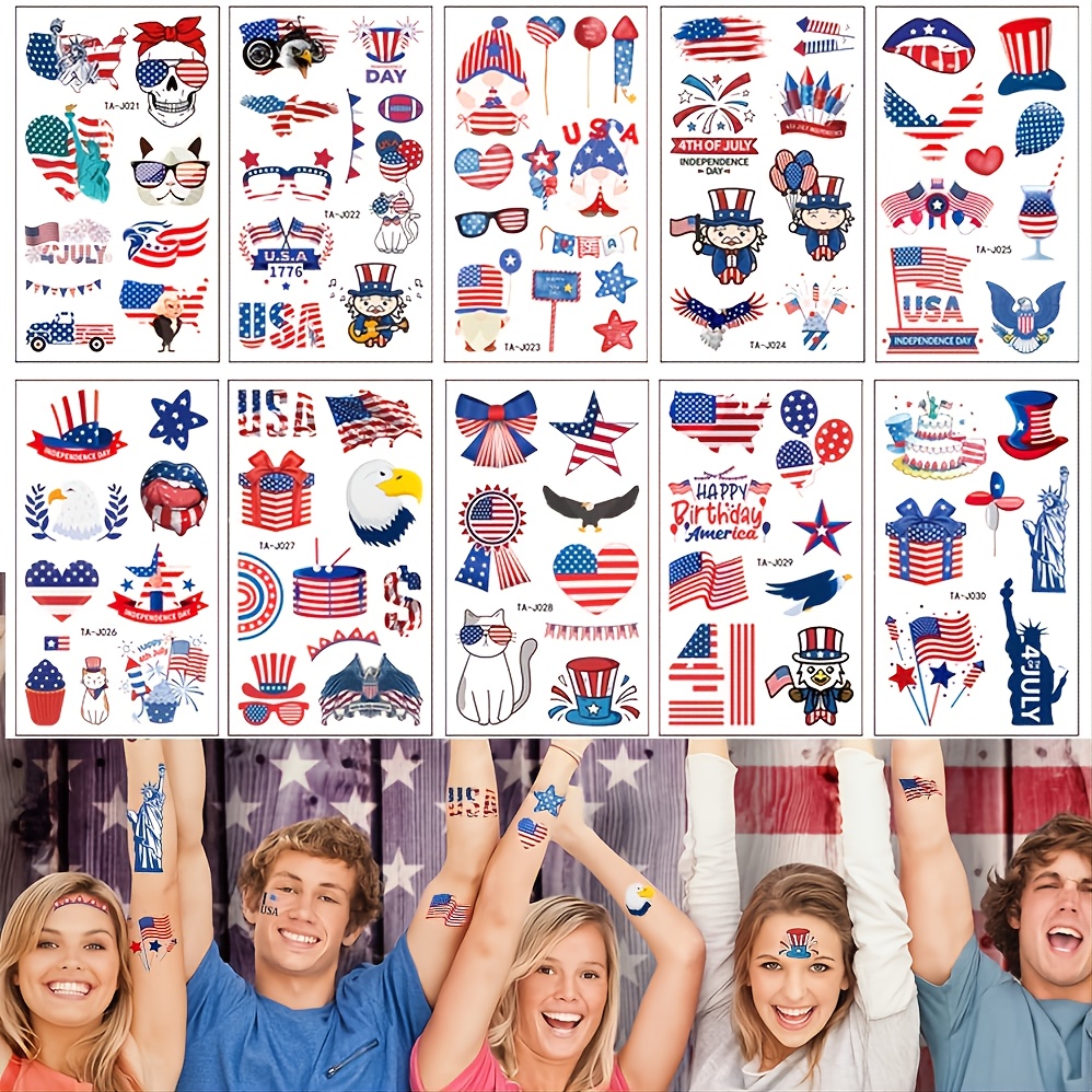 4th of July Temporary Tattoos Accessories  10 Sheets Red White and Blue  Patriotic Tattoos American Fourth