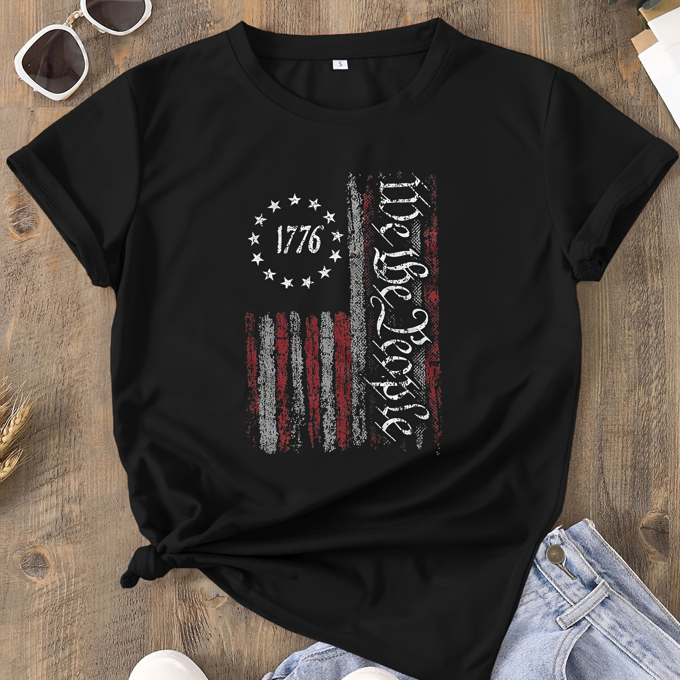 

American Flag Print T-shirt, Short Sleeve Crew Neck Casual Top For Summer & Spring, Women's Clothing