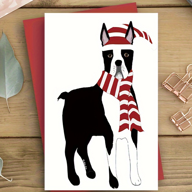 

Boston Terrier Christmas Card With Striped Hat - Family & Friends, Stationery & Gift Packaging