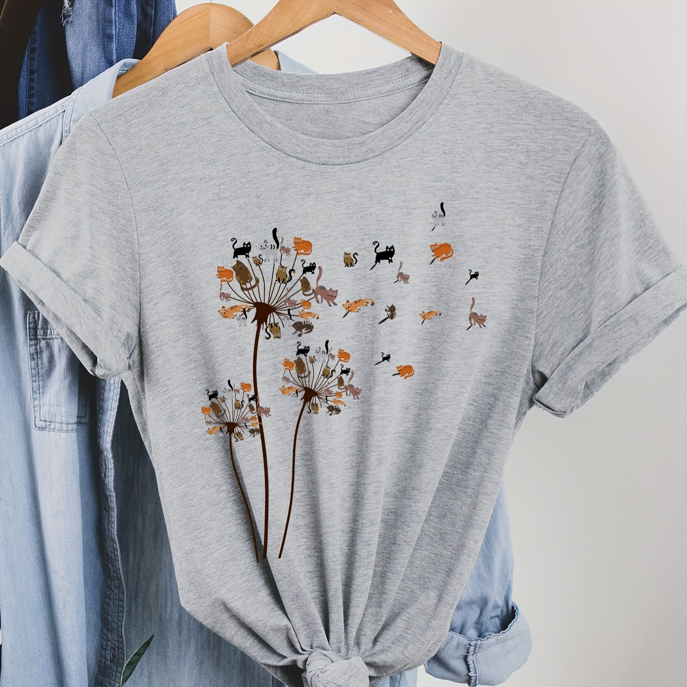 

Cat & Dandelion Print T-shirt, Short Sleeve Crew Neck Casual Top For Summer & Spring, Women's Clothing
