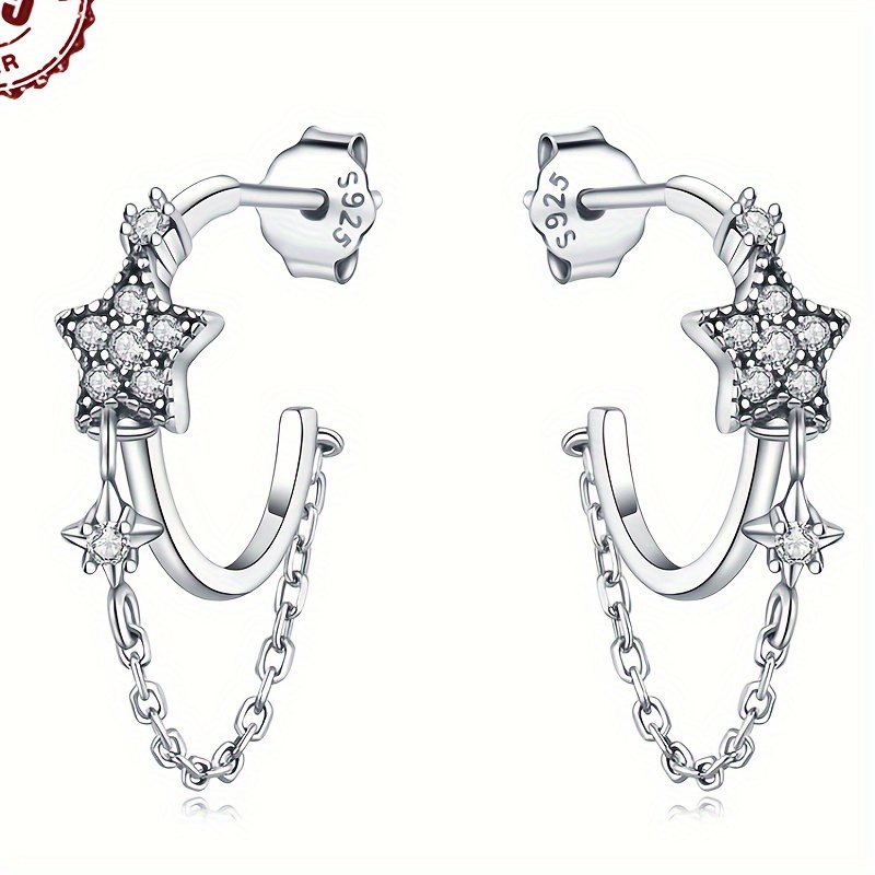 

925 Sterling Silver Elegant Style Vintage Star Chain Stud Earrings Hypoallergenic Daily Earrings For Women Diy Jewelry Gift