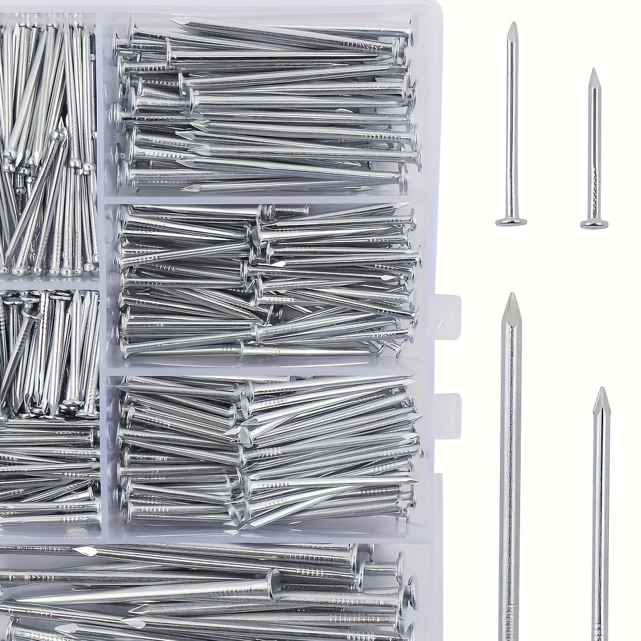 

Complete Hardware Nail Kit With Storage Box - 6 Sizes, Galvanized Steel Picture & Wood Hanging Nails, Flat Head Design