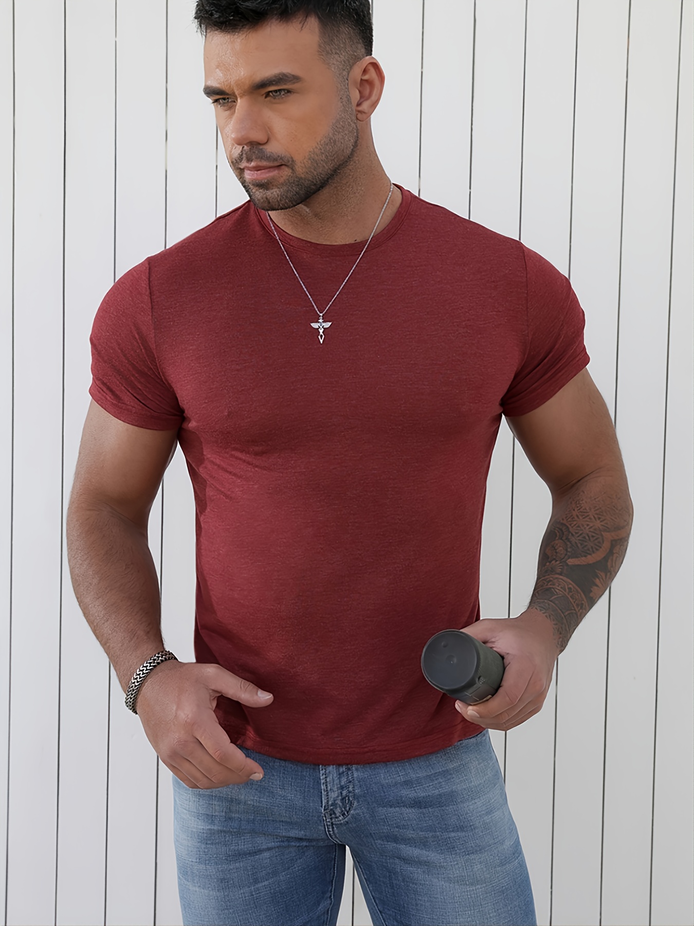 Camisetas con cuello en V para hombre, manga corta, corte ajustado, básica,  informal, para hombre