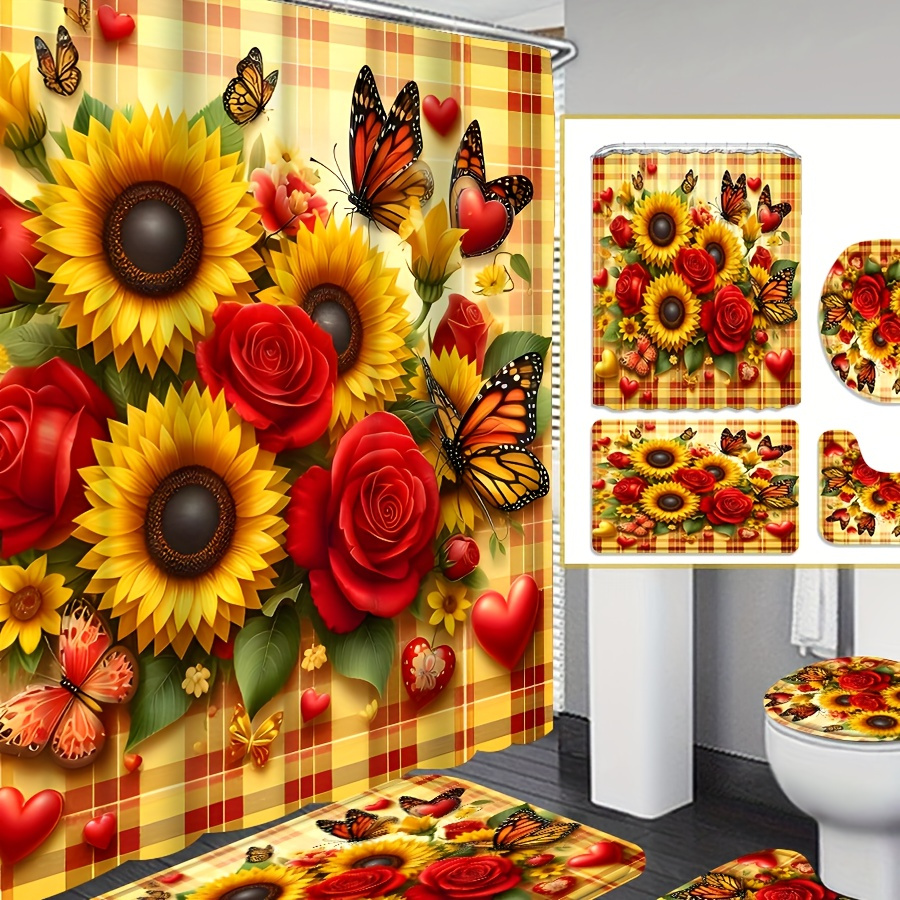 

1pc/4pcs Flower Sunflower, Background Pattern Shower , Decoration, Fabric Shower Set With 12 Hooks, Non-slip Bathroom Carpet, U-shaped Toilet Mat, Toilet Seat Cover, Bathroom Decoration