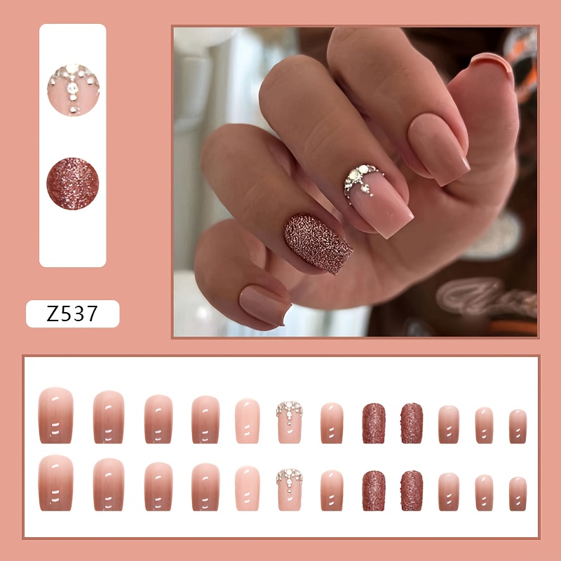 TEMU 24pcs Of Short Square-shaped 3d Stacked And Gradient Glitter Nail Tips For Women And That Will Refresh Your Look