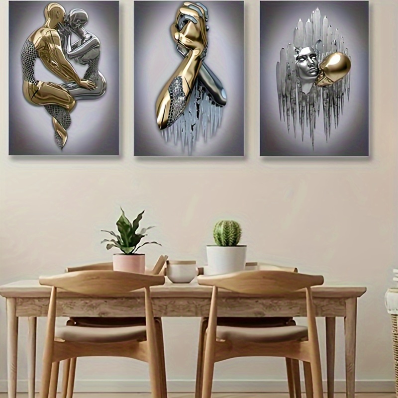 

3pcs Set Modern Abstract Metal Figure Canvas , Romantic Statue Poster Prints, Ideal Winter Decor And Valentine's Day Gift For Bedroom, Living Room,