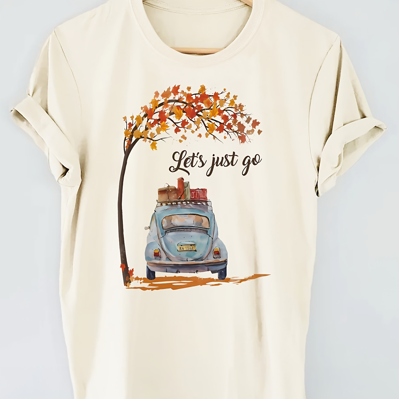 

Car Print T-shirt, Short Sleeve Crew Neck Casual Top For Summer & Spring, Women's Clothing