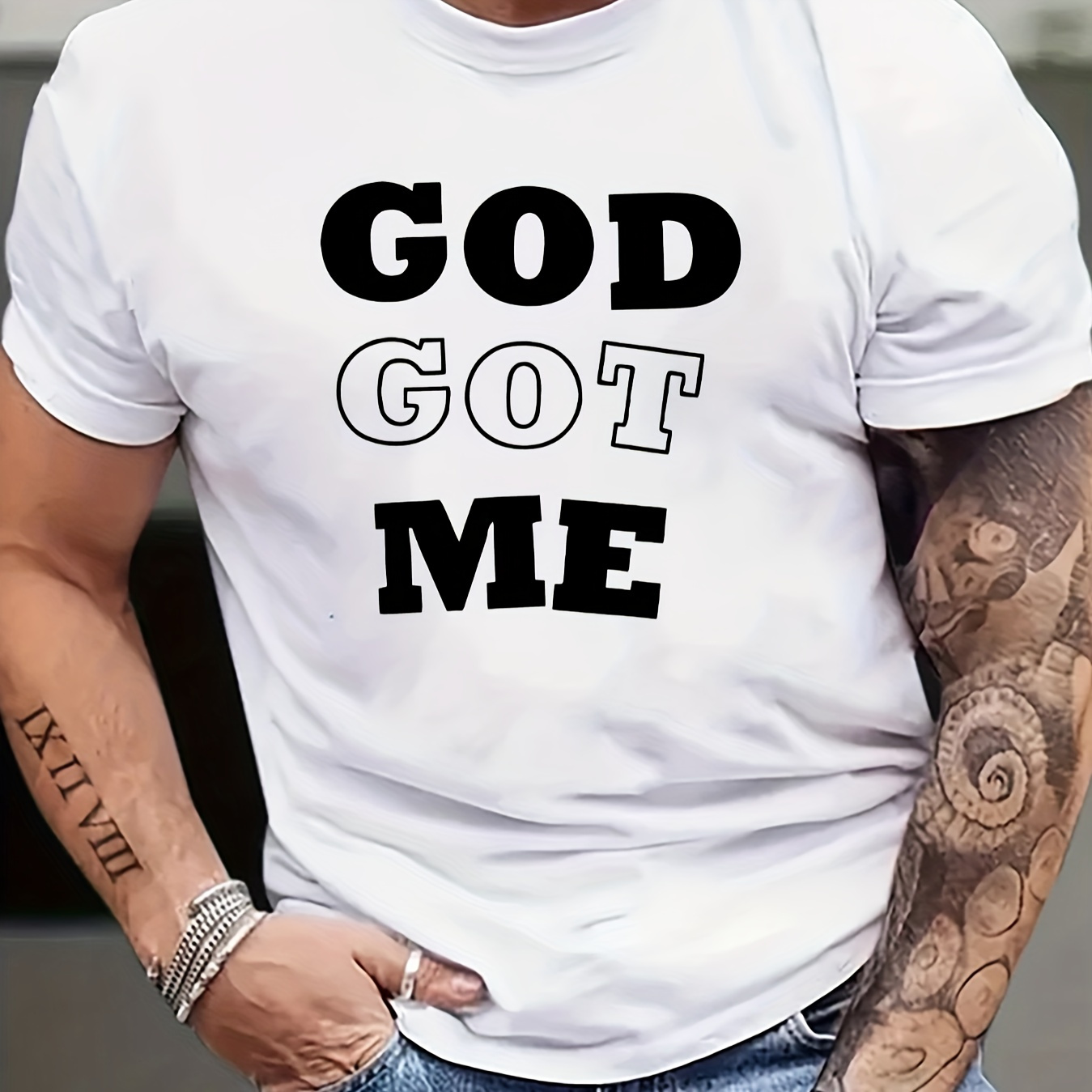 

God Got Me Print Men's Casual T-shirt, Short Sleeve Versatile Comfy Tee Tops For Summer Outdoor