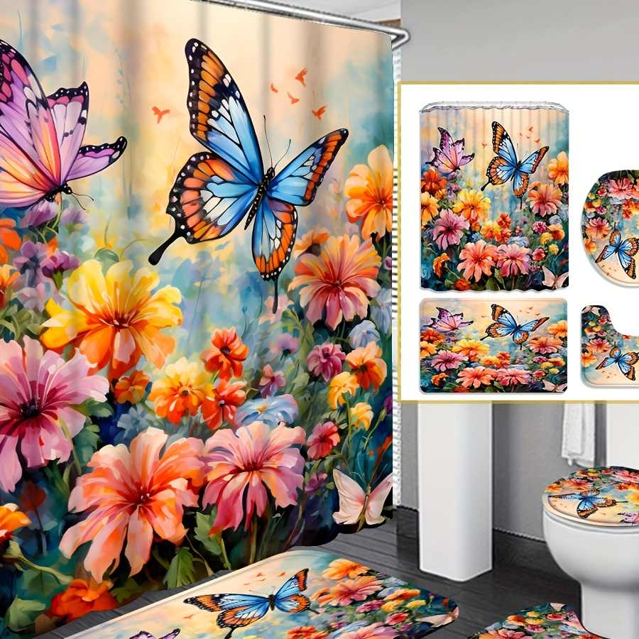 

Water-resistant Knit Polyester Shower Curtain Set With & Floral Print - Includes Shower Curtain, Hooks, And Optional Bath Mats For Complete Bathroom Decor, Clean,