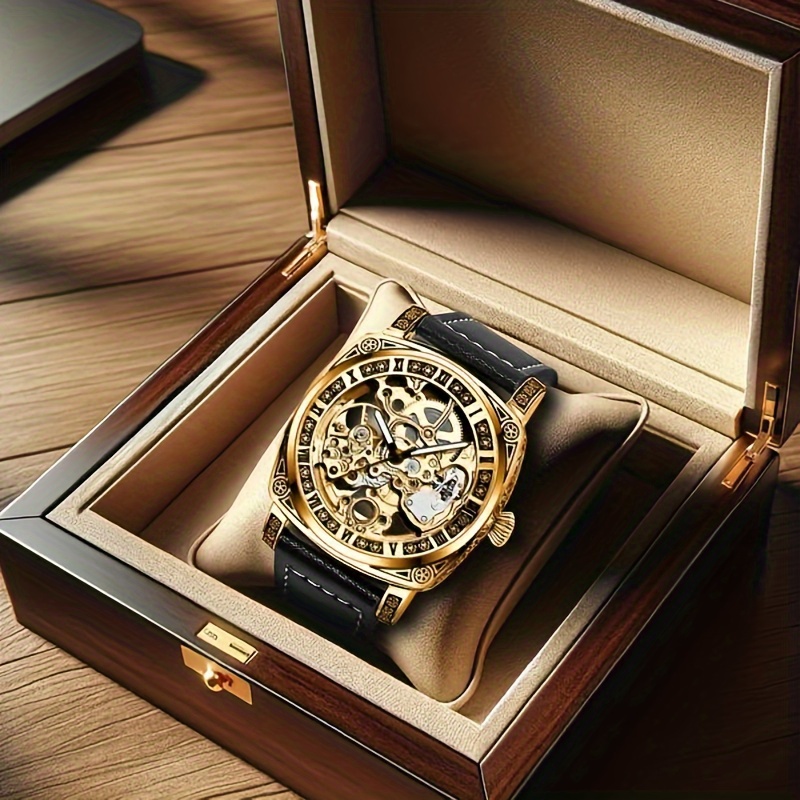 

1pcs Men's Golden And Classical Hollow Mechanical Watch