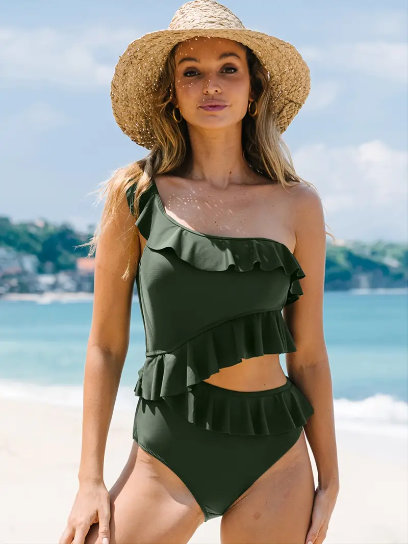 Women's Cutout One Shoulder Ruffle Trim One Piece Swimsuit, Sexy Solid  Color Swimwear