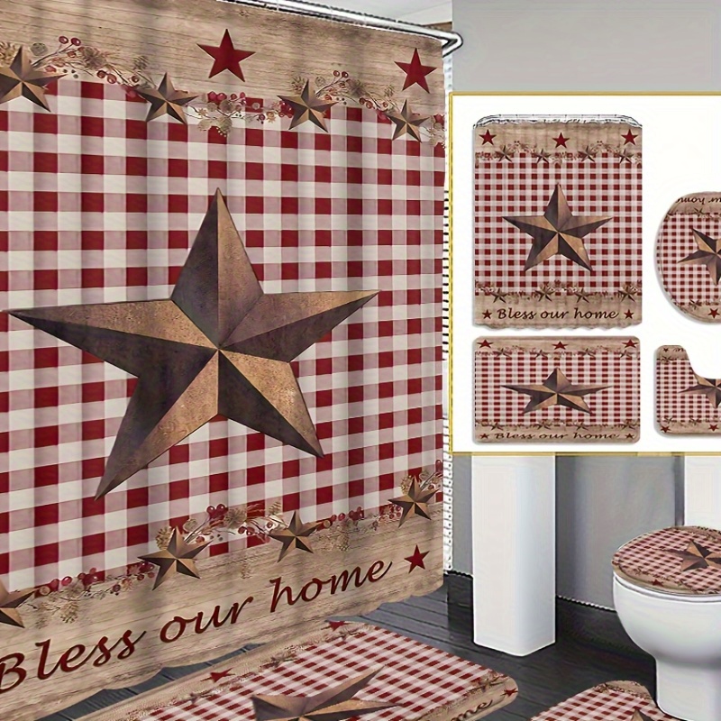 

4pcs Five-pointed Star Curtain Shower Curtain Decoration, Beautiful Housewarming Gift Decoration, Waterproof Shower Curtain And Toilet Floor Mat Three-piece Set Comes With 12 Shower Curtain Hooks