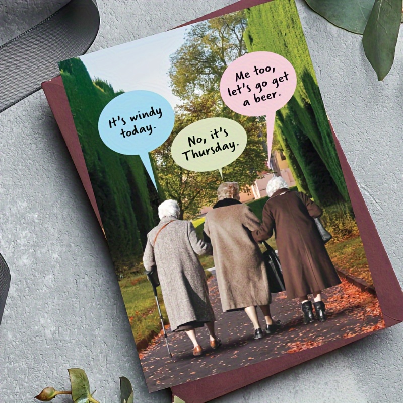 

1pc Greeting Card, There Are 3 Old Ladies Walking On , Wearing Different Clothes And Pants, Suitable For Giving To Their Family And Friends