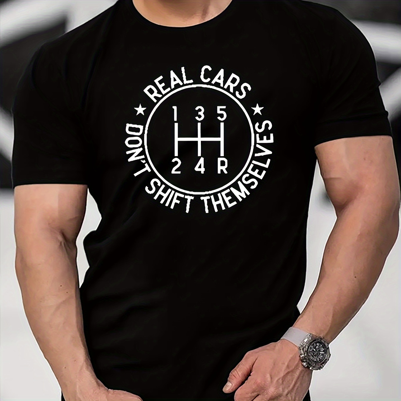 

Real Cars Don't Shift Themselves Letters Print Casual Crew Neck Short Sleeves For Men, Quick-drying Comfy Casual Summer T-shirt For Daily Wear Work Out And Vacation Resorts