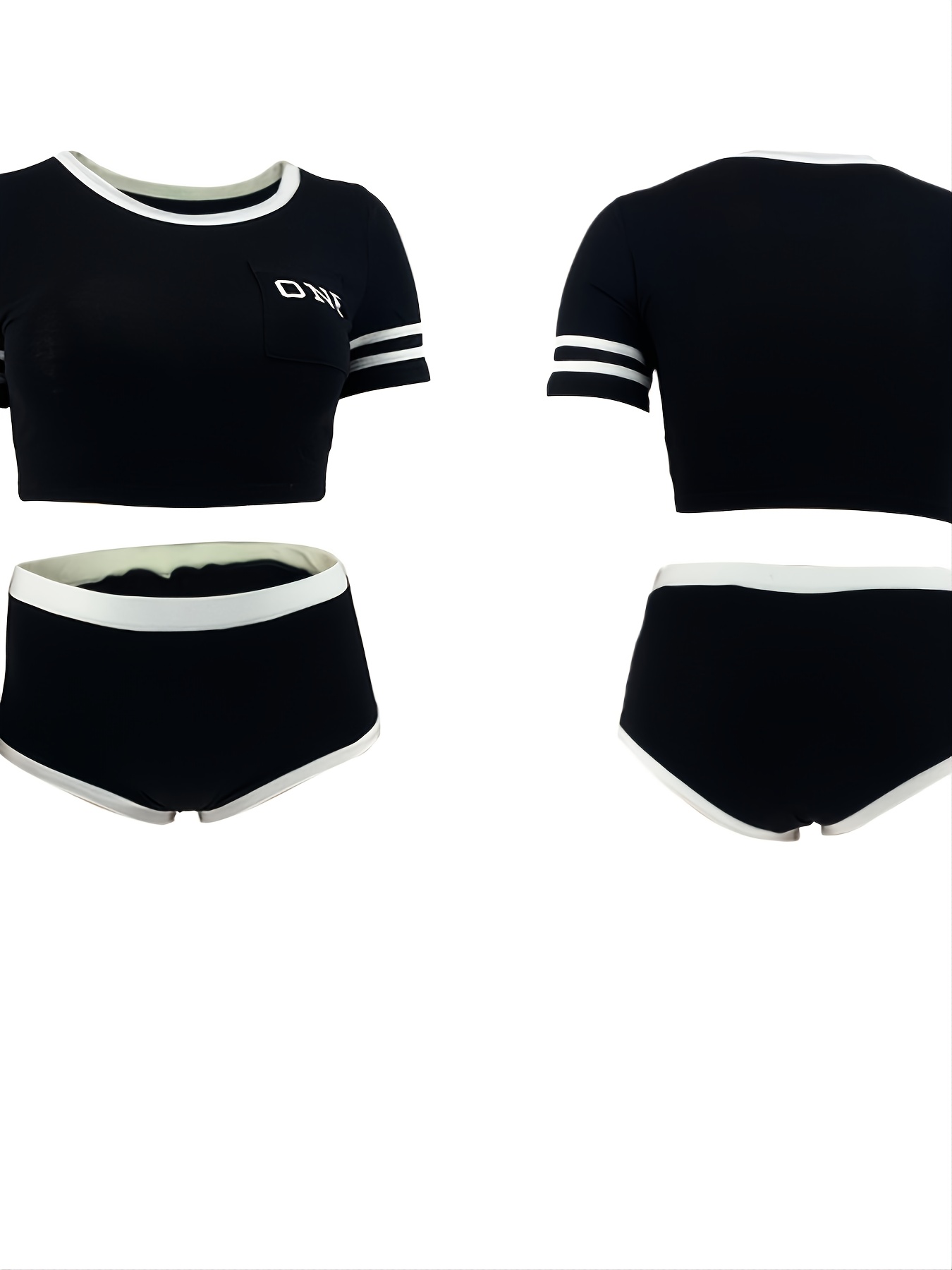 Women's 2 Piece Set - Crop Top and Extra-High Waisted Shorts Set / Black /  White