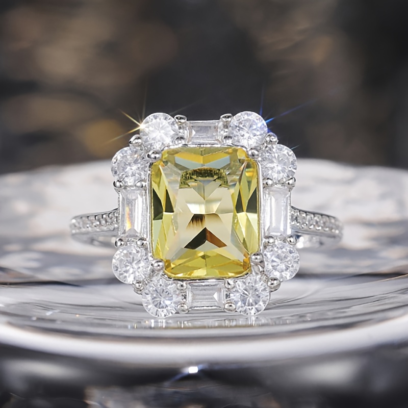 Princess Square Cut Citrine & Cubic Zirconia Silver Ring