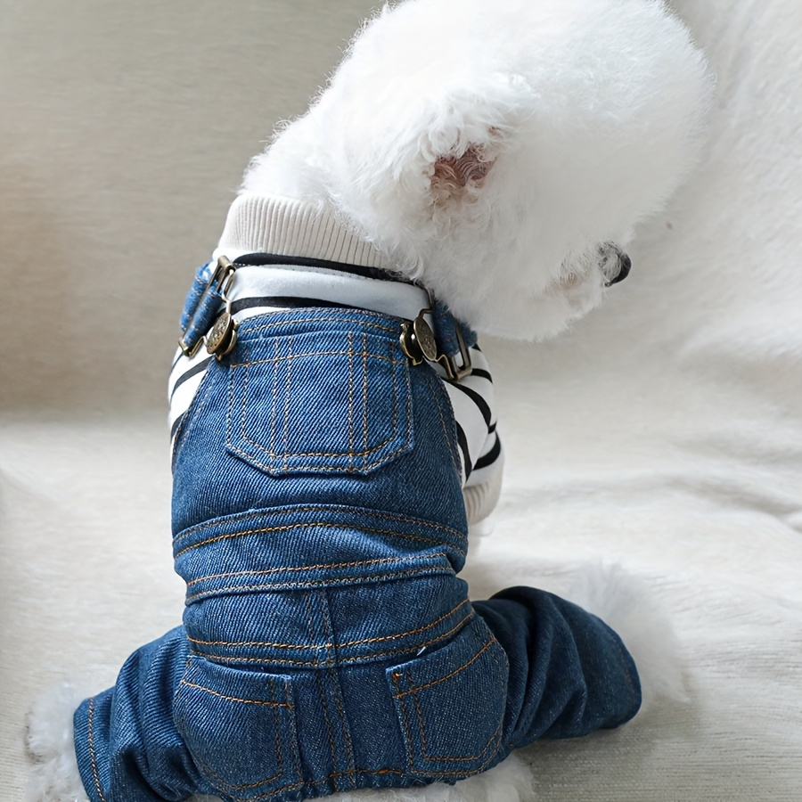 

Striped Classic Denim Dog Jumpsuit - Cozy 4-legged Overalls For Small Breeds Like Pomeranians & , Button Closure, 100% Polyester Knit, Ideal For Spring, Fall & Winter, Dog Clothes