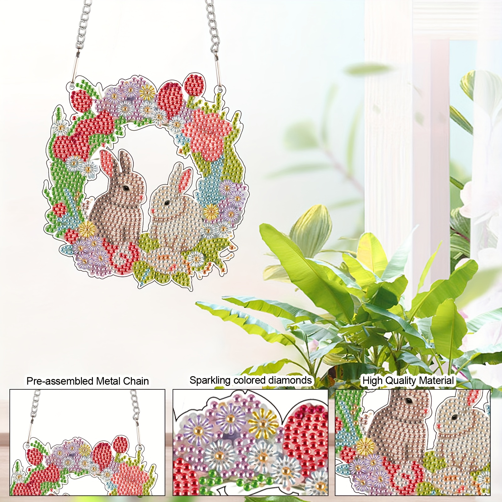 Diamond Painting Kits Hanging Pendant, Bunny Beautiful Flowers Art Hanging  Sign DIY Special Shaped Crystal Pendant Ornaments For Home Decor Easter Gif