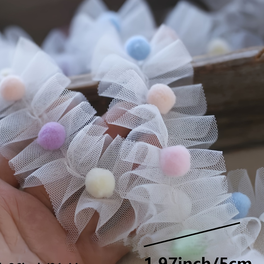 

White Pom Pom Tulle Lace Trim Ribbon - Soft Lace For Diy Crafts And Decorations - Pastel Macaron Colors - 1 Roll/1 Yard