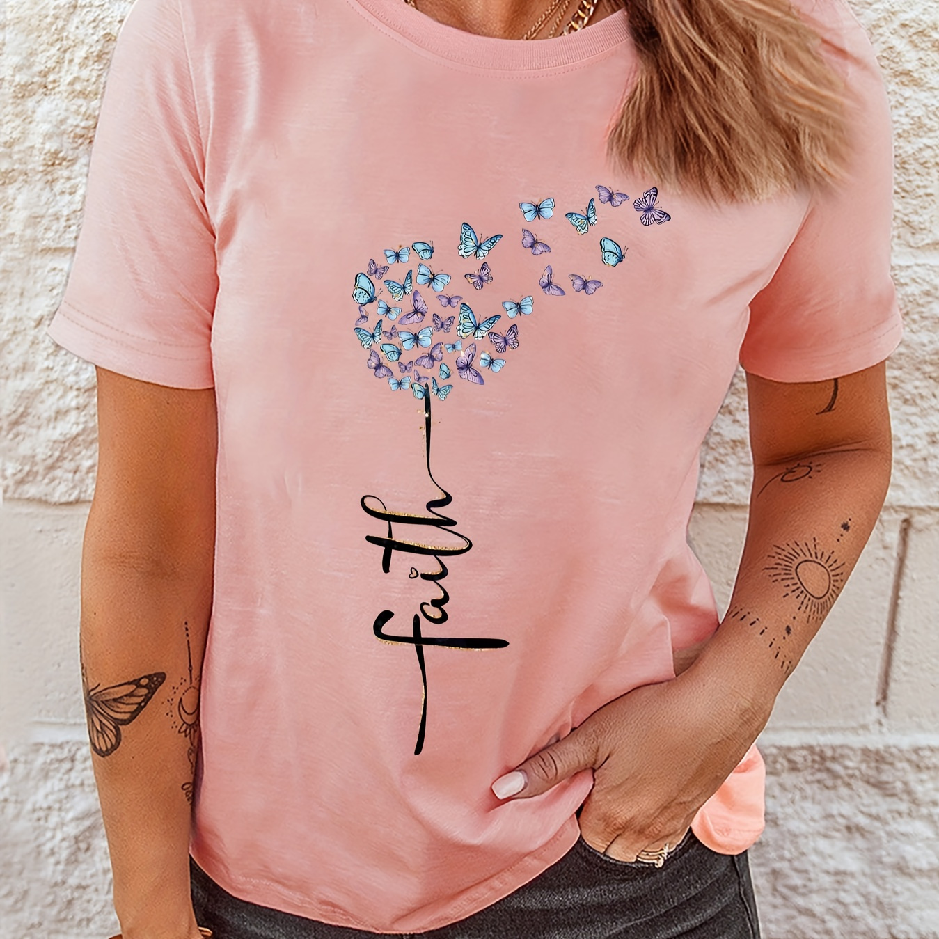 

Butterfly Print T-shirt, Short Sleeve Crew Neck Casual Top For Summer & Spring, Women's Clothing