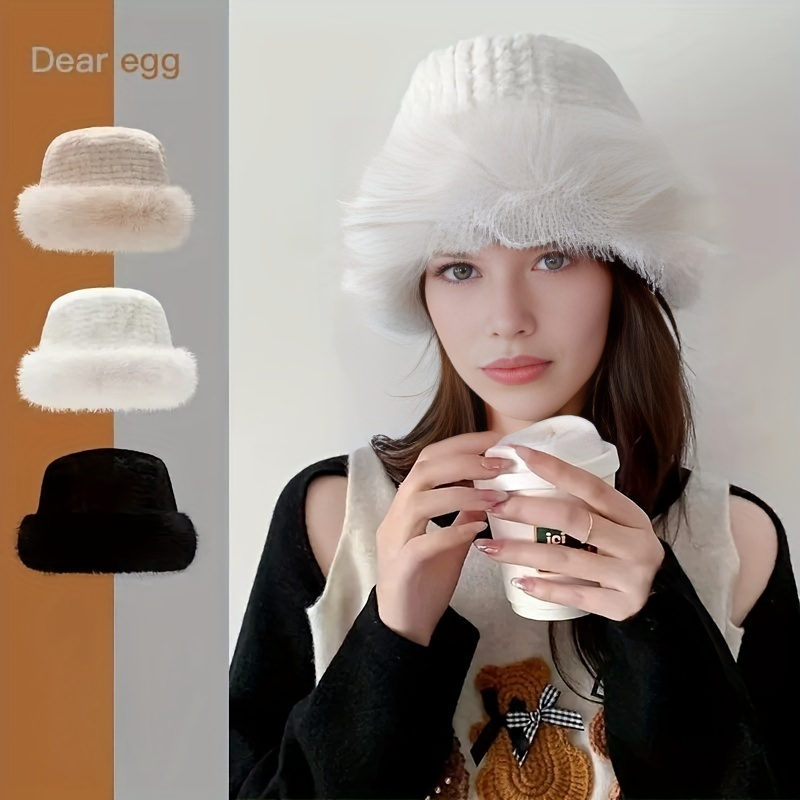 Solid Fluffy Bucket Hat Plush Soft Windproof Elegant Chic