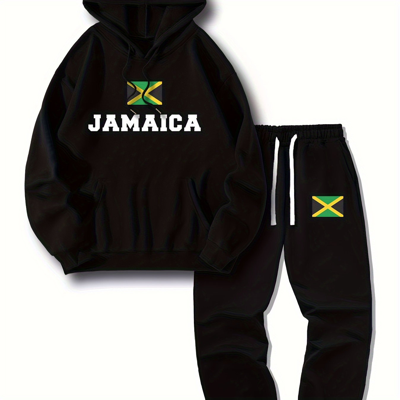 

Jamaica Hoodie And Pants Set - Casual Knit Fabric Sweatshirt And Sweatpants With Drawstring Pockets, Polyester Hoodie And Sweatpants Combo