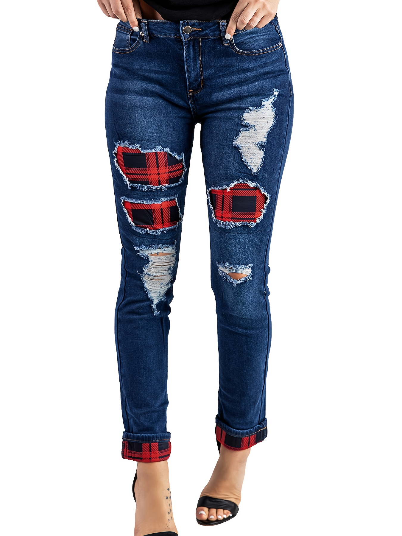 Distressed Fray Hem Skinny Jeans - Red