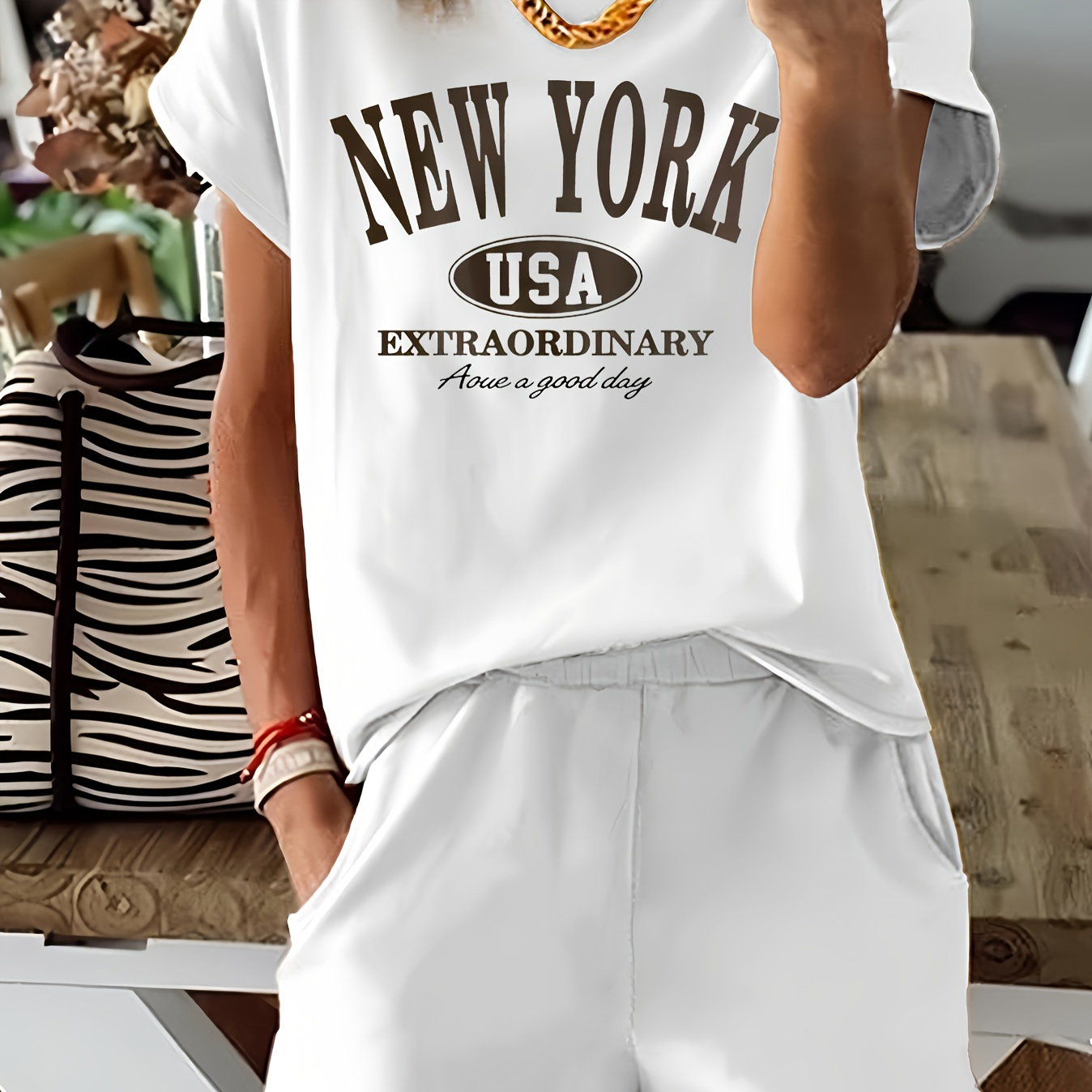 

Letter Print 2 Piece Set, Short Sleeve T-shirt & Shorts, Women's Clothing