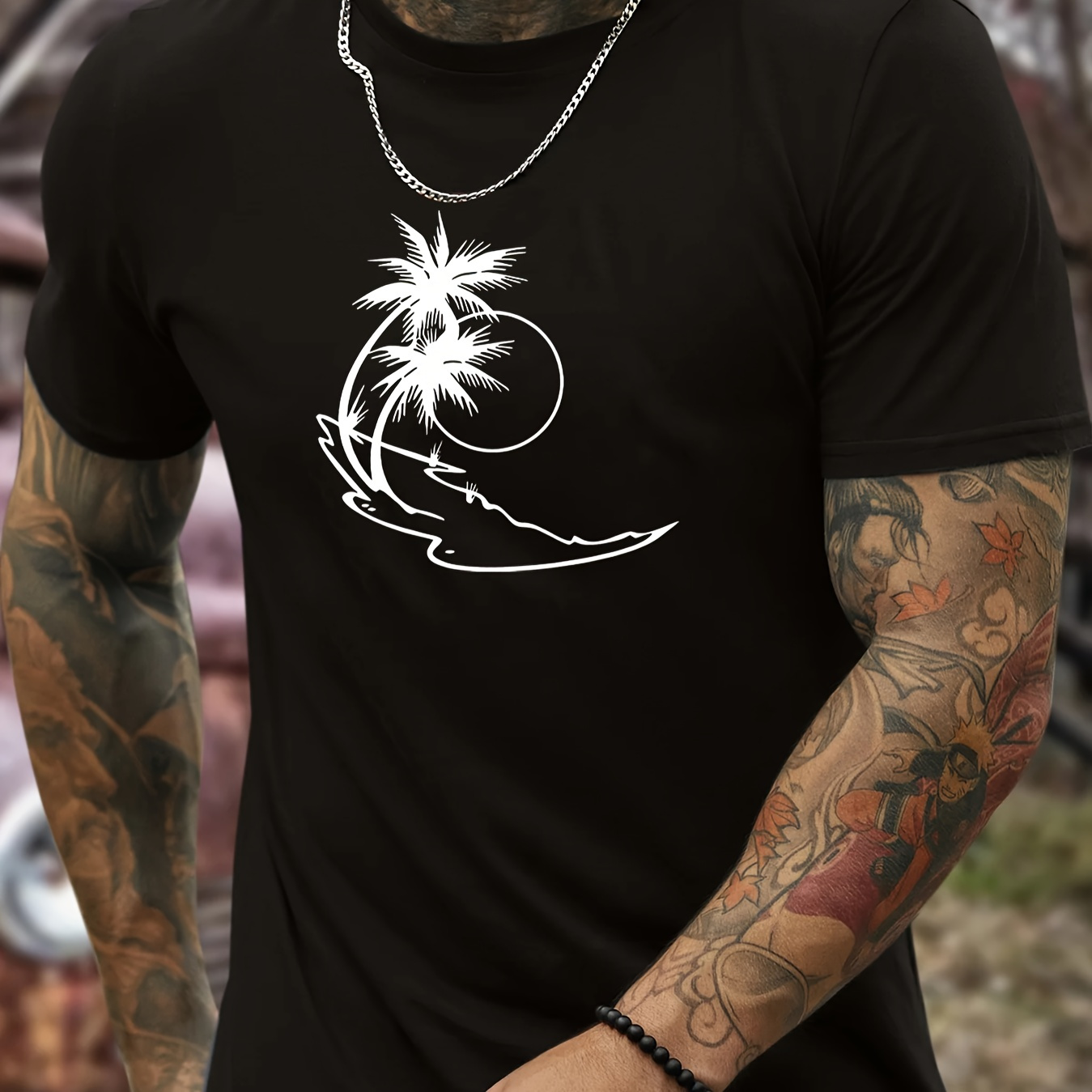 

Beach Creative Print Men's Short Sleeve T-shirt, Casual Round Neck Top, Versatile And Comfortable Tee, Spring& Summer Collection