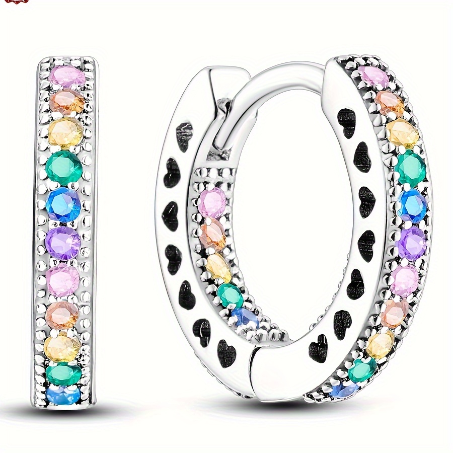 

925 Sterling Silver Bling Sparkling Double Colorful Rainbow Zirconia Hoop Earrings, A Pair Of Fashion Stylish Cute Jewelry Suitable For Daily Wear, Holiday