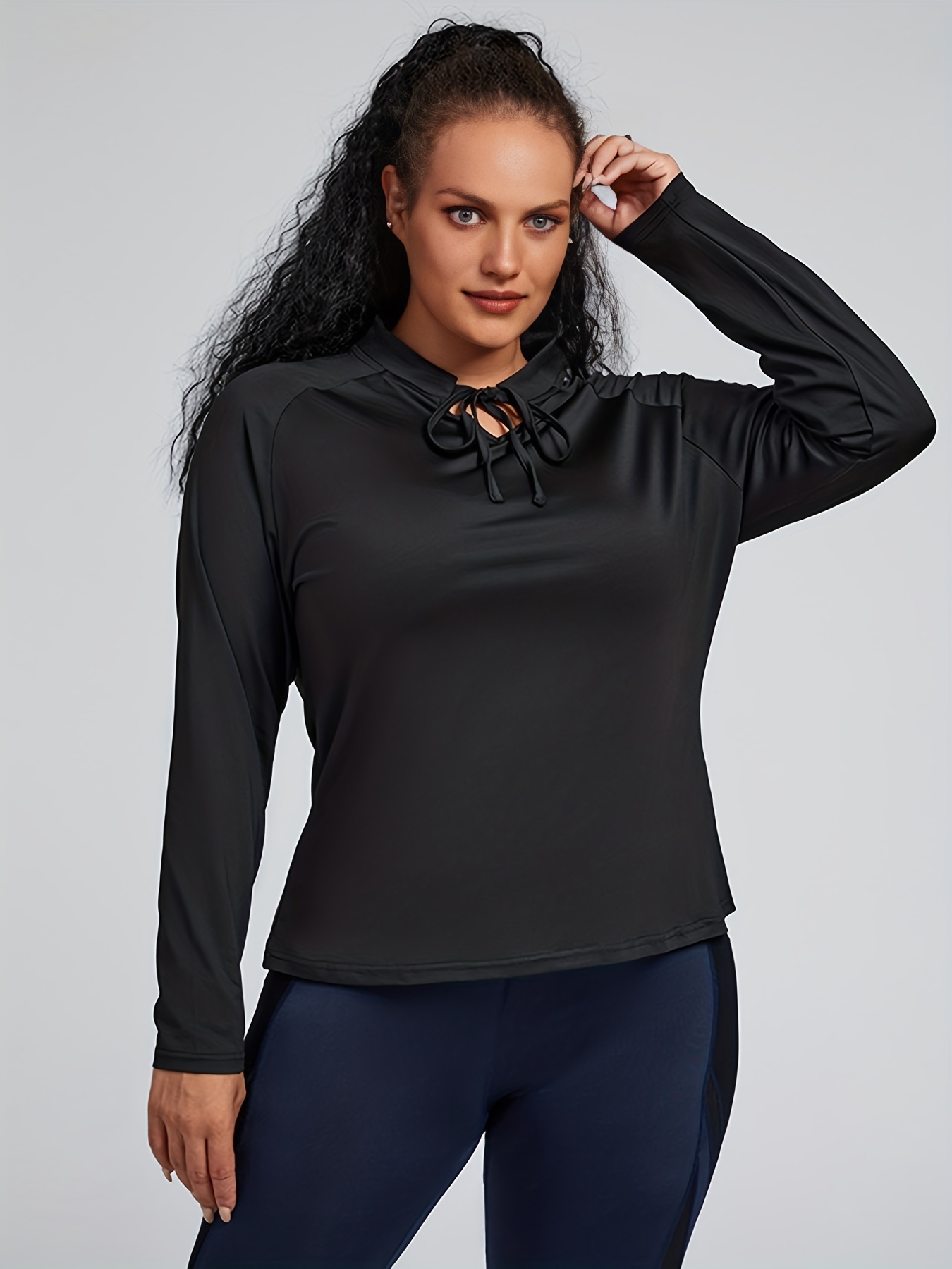 Plus Size Sports Top, Women's Plus Solid Long Sleeve Quick-drying Keyhole  Tie Top