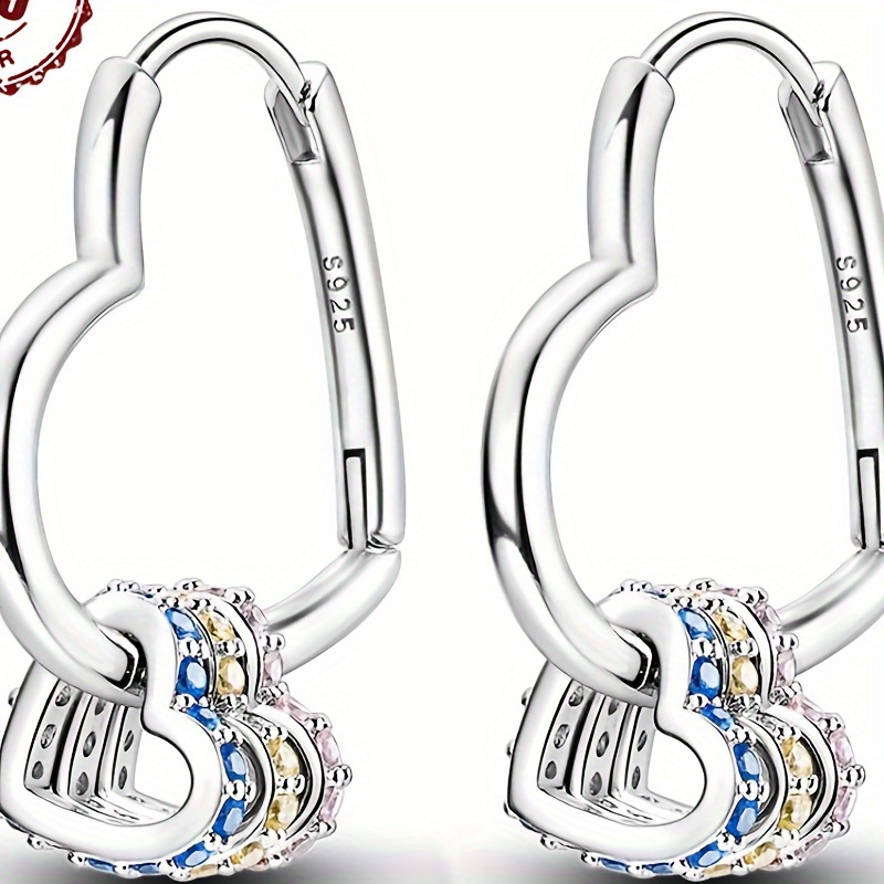 

925 Sterling Silver Elegant Style Heart Shaped Colorful Zirconia Triple Hoop Earrings Hypoallergenic Daily Earrings For Women Diy Jewelry Gift