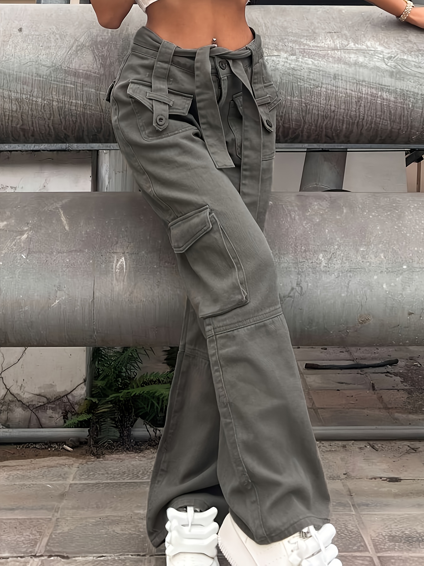 Pantalones Cargo verde militar para mujer, Vaqueros holgados, ropa de calle  a la moda con bolsillos