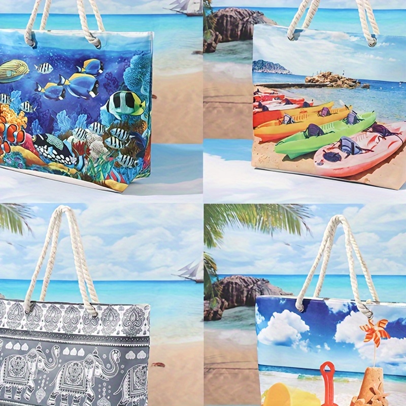 

Beach, Ocean And Elephant Pattern Tote Bag, Large Capacity Shopping Bag, Beach Bag For Outings Picnic Travel Daily Commute