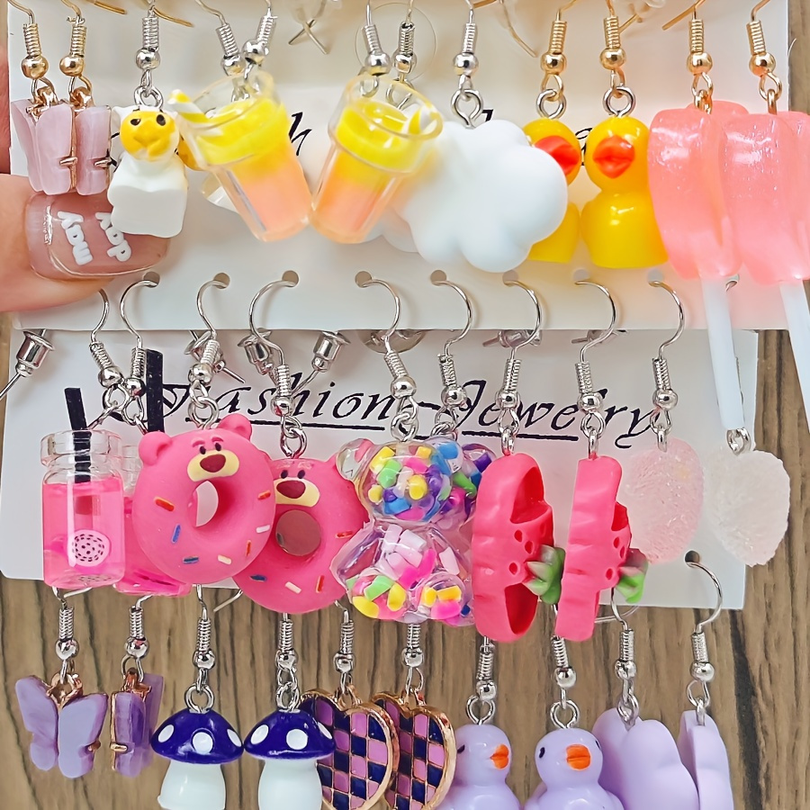 

32-piece Set Acrylic Earrings For Teens And Adults, Cute Bear, Butterfly, Donut, Cow, Duck, Lollipop, Mushroom Motif Dangle Earring Collection - Trendy Fashion Jewelry For Casual Wear And Gifts