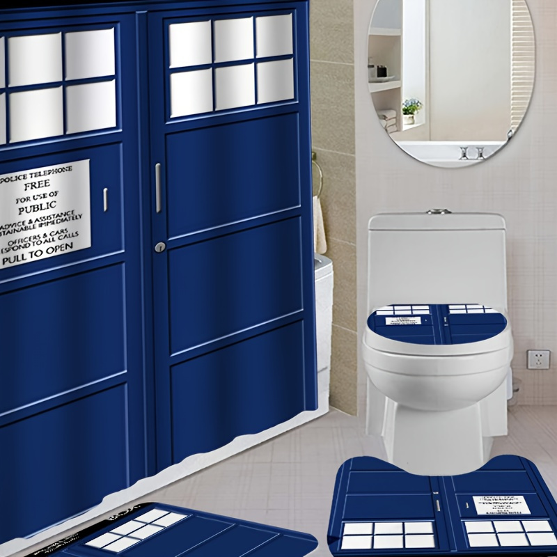 

1/4pcs Doctor Who Themed Shower Curtain Set, Shower Curtain With 12 Hooks, Non-slip Bath Mat, U-shaped Toilet Mat, Toilet Mat, Bathroom Decor Accessories