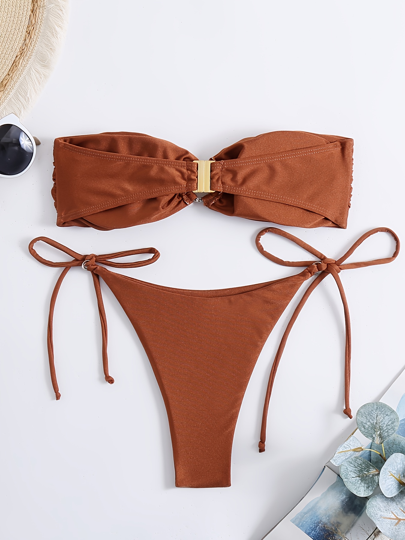 Bandeau Ring-Linked Bikini Sets, Strapless Tube Top Back * Backless High  Cut Tie Side Thongs 2 Pieces Swimsuit, Women's Swimwear & Clothing