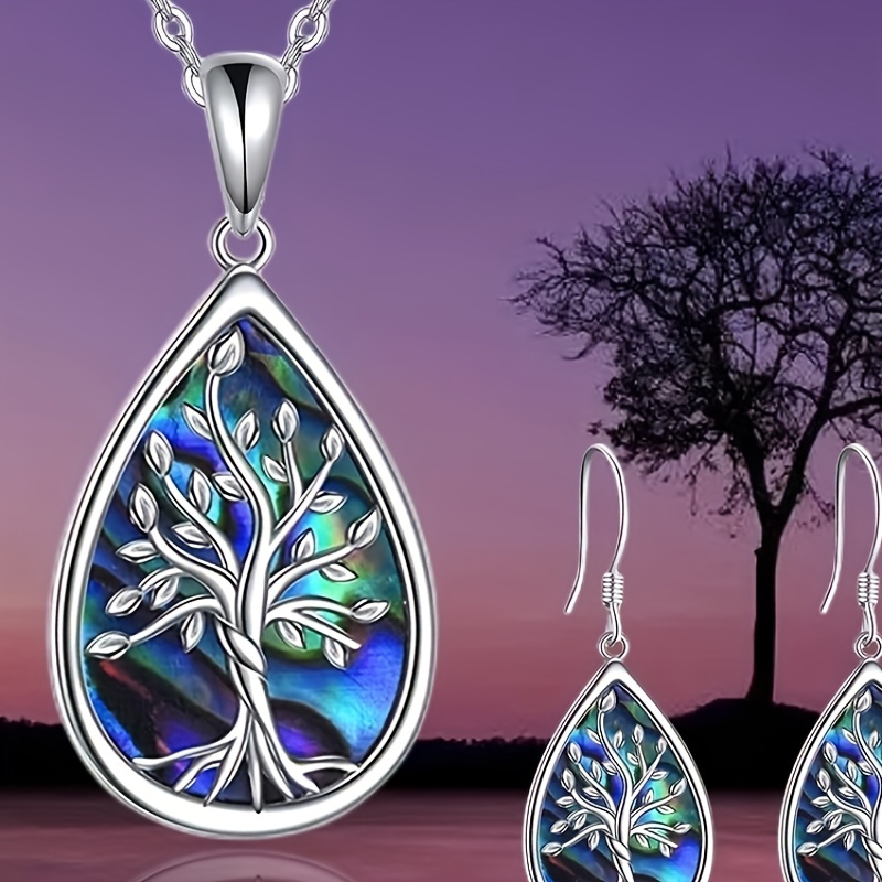 

3pcs Tree Of Life Waterdrop Pendant Necklace And Earrings Set, Birthdays Holiday Gift For Family