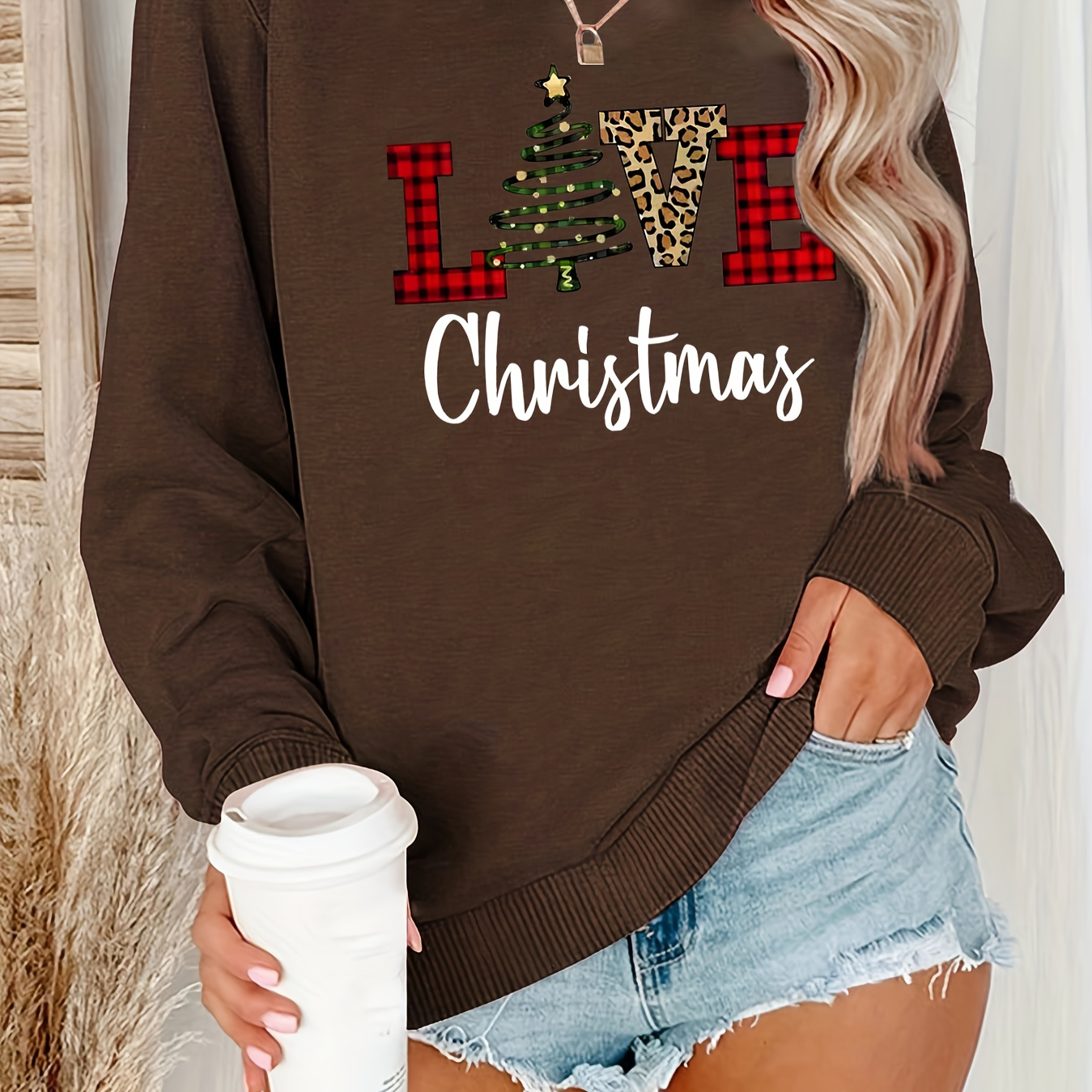 

Merry Christmas Tree Print Sports Sweatshirt, Crew Neck Long Sleeve Casual Loose Pullover Sweatshirt, Women's Clothing