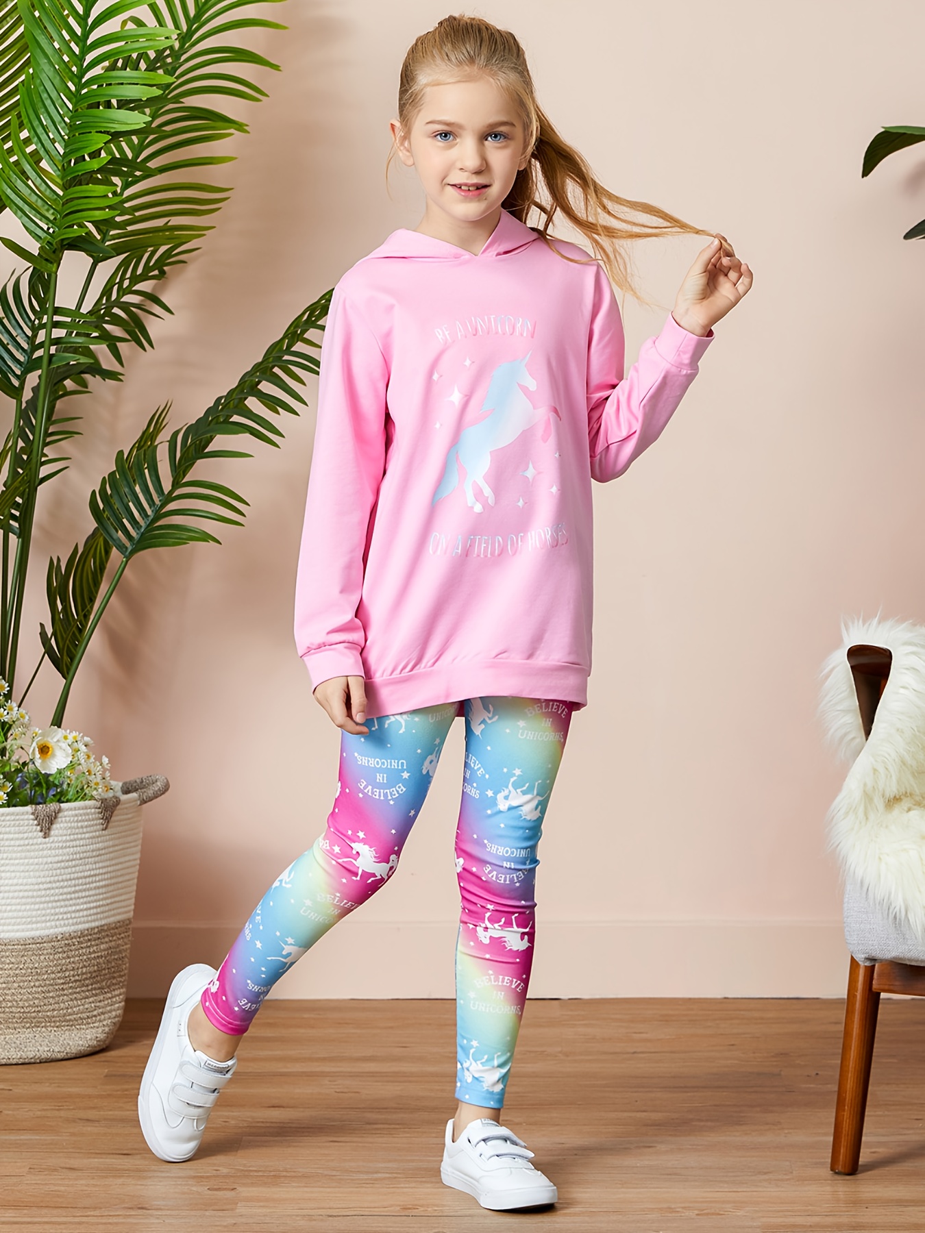 * 2pcs Kid Girl Cute & Adorable & Casual Unicorn Graphic Long*Sleeve Hoodie  Sports*top And Leggings Fashion Set For Spring & Autumn/Fall