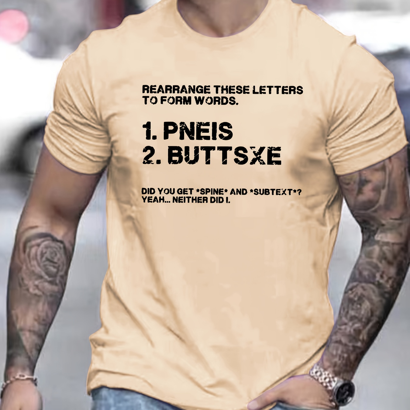 

Men's Funny Letter Print Short Sleeve T-shirts, Comfy Casual Elastic Crew Neck Tops For Men's Outdoor Activities