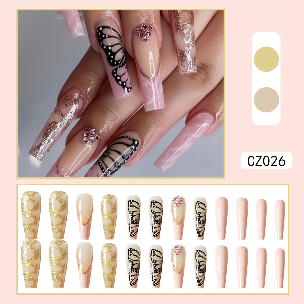 24 French manicure nails/black nails, short coffin/silver gold glitter/teen  girl