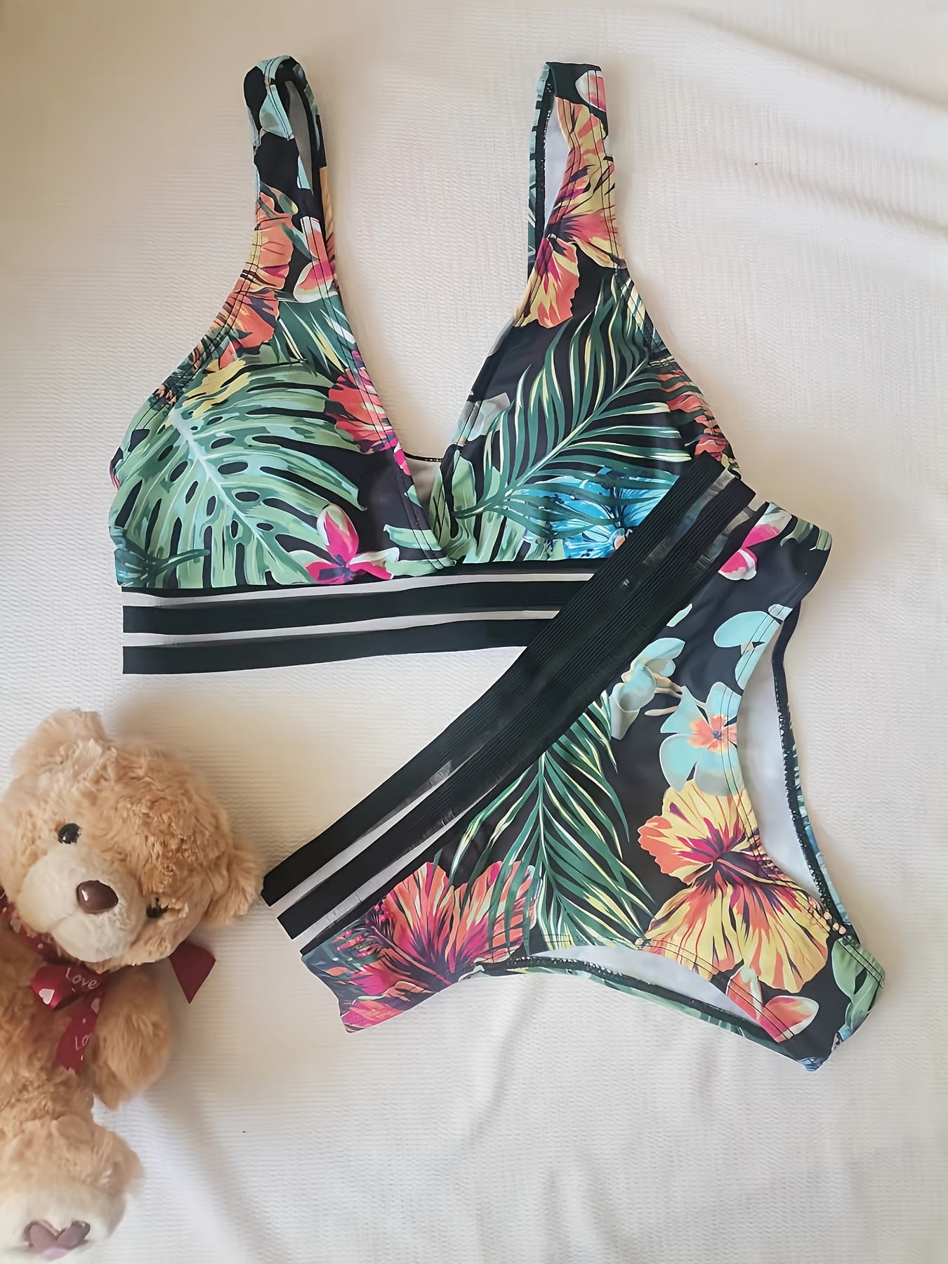 Two Piece French Bathing Suit - Horizontal Striped / Tropical prints