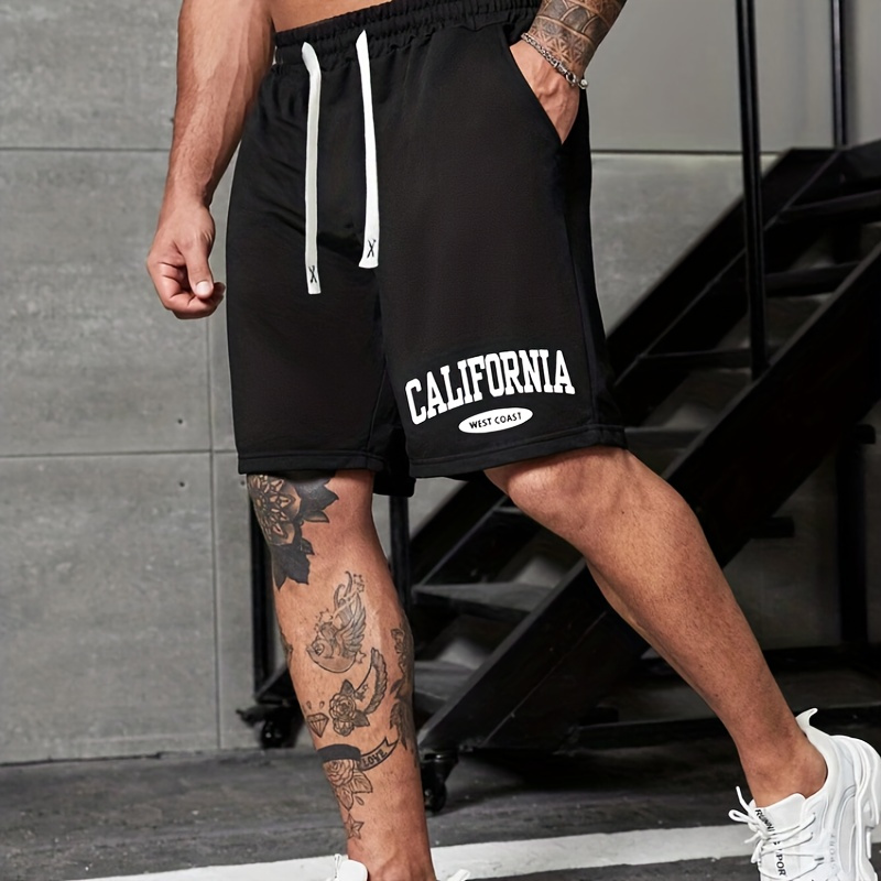 

California Print Men's Breathable Quick Drying Drawstring Pants, Loose Casual Comfy Shorts For Spring Summer Outdoor Fitness Beach Holiday Daily Wear