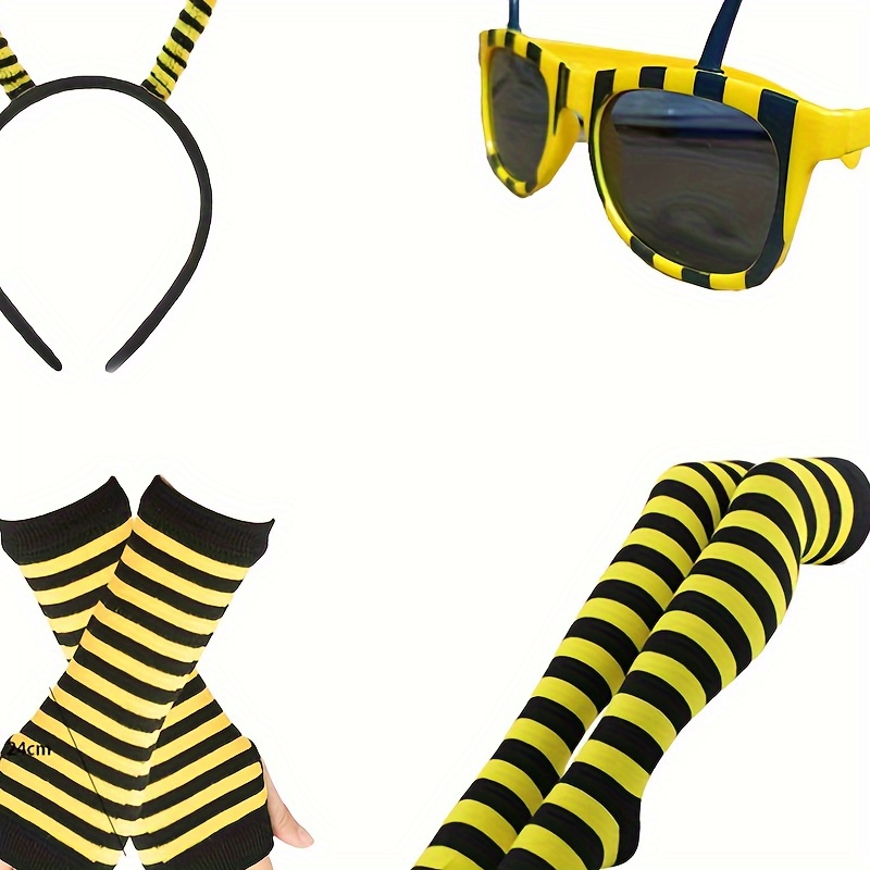 

Set Bee Costume Set, Bee Headband Glasses Bee Stripe Warm Legs Knee Length Socks Long Gloves Party Play Animal Supplies