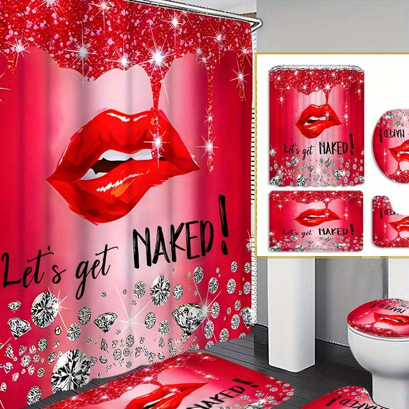 

4pcs Red Lip Curtain Shower Curtain Decoration, Moving Decoration, Shower Curtain And Mat - Set 12 Shower Curtain